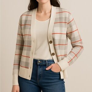 Cyrus Plaid Stripe Cardigan M – Soft Neutral Knit w/ Orange Lines Cozy Preppy